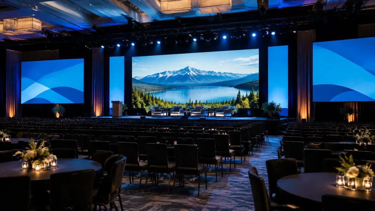 Blue-lit conference stage with LED screens